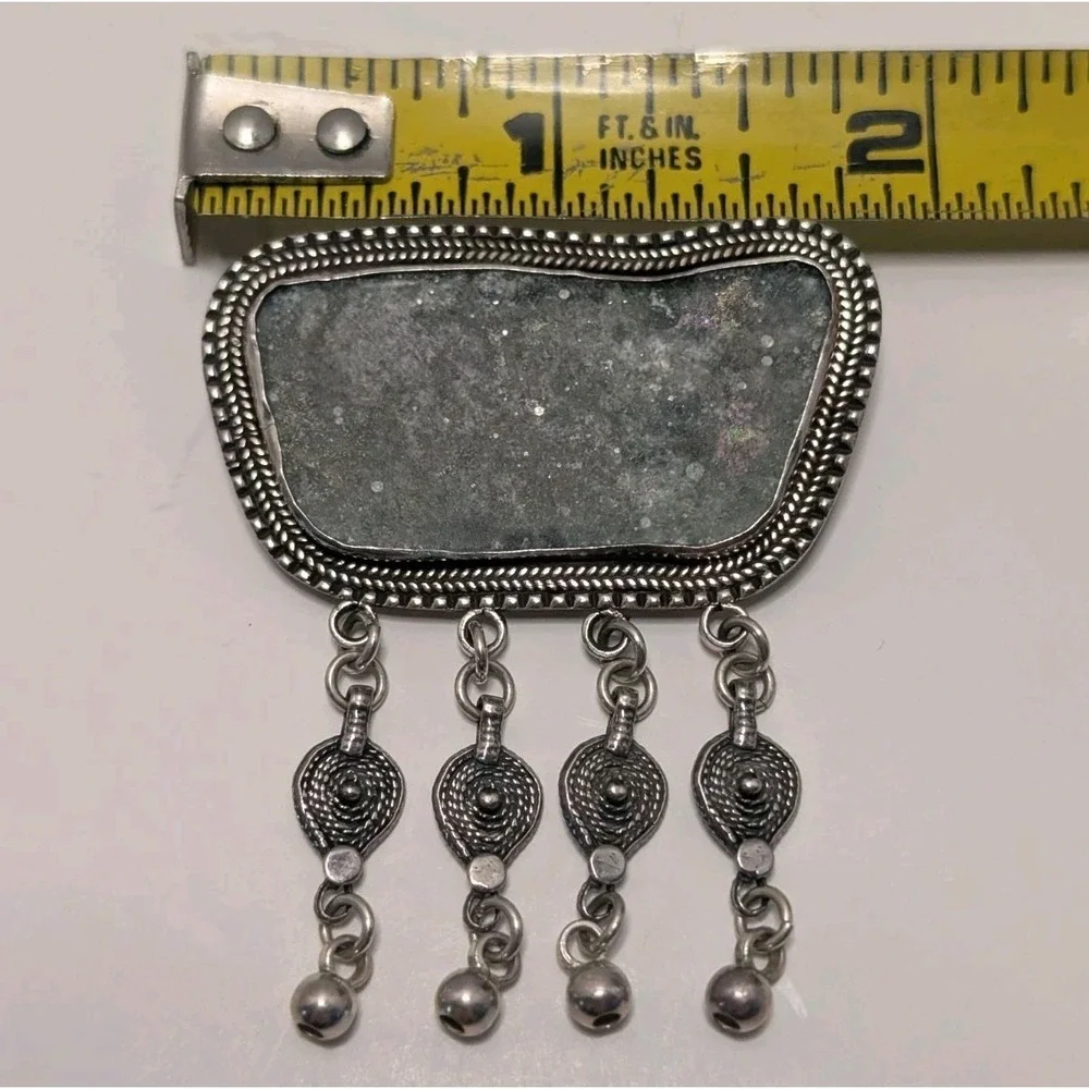 Vtg Israeli Sterling Silver 925‎ Brooch Pin Eliat stone Or Roman Glass Yemenite